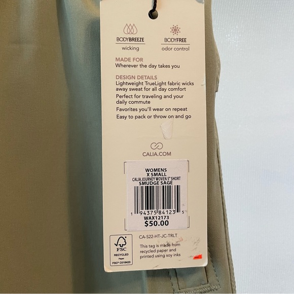 Calia xs NWT New Shorts Mid Rise Sage Green Journey Collection Woven 5” Shorts - Picture 5 of 7